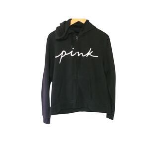Victoria's Secret Pink Full Zip Black Hoodie Drawstring, Pockets
